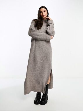 Miss Selfridge x ASOS side slit knit maxi dress w collar in mushroom grey